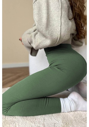 Madmext Haki Yüksek Bel Kadın Fitilli Tayt Mg1625 Haki