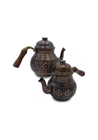 Çaydanlık Bakır Küçük Boy Eskitme Papatya Model Kahverengi