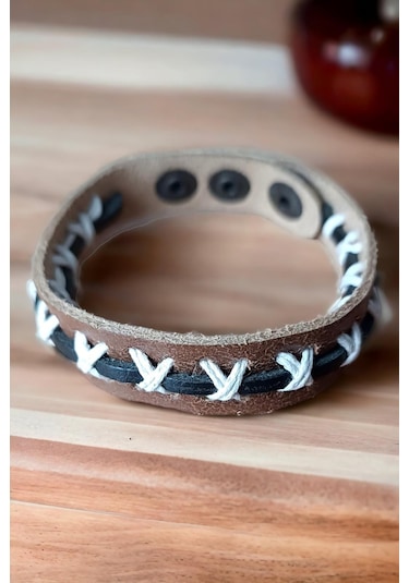 Çapraz Örgülü Deri Açık Kahverengi Ayarlanabilir El Yapımı Bileklik Çok Renkli