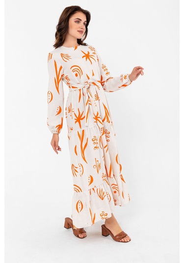 Desenli Yazlık Baharlık Keten Elbise 2103 Turuncu