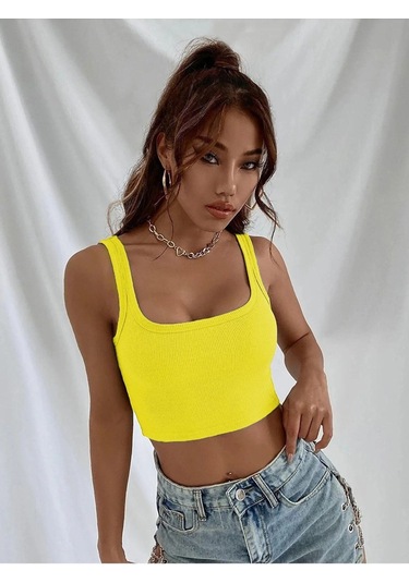 Askılı Fitilli Crop Top Bluz - Sarı Sarı