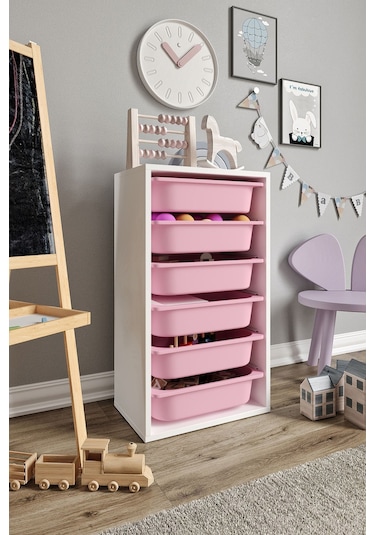 %100 Mdf - Small Mono 6 Sepetli Oyuncak Dolabı Pembe
