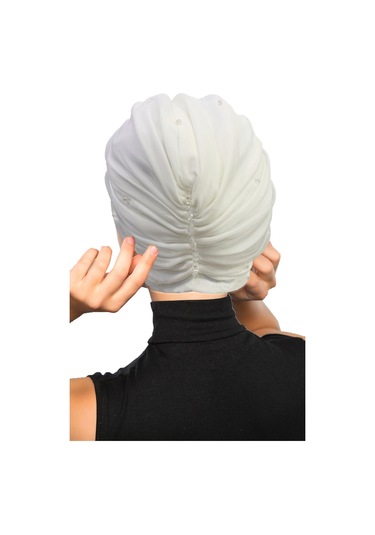 Dizayn Tüllü Kristal Taş İşlemeli Çift Taraflı Astarlı Ekru Hazır Türban Tesettür Abiye Bone Ekru