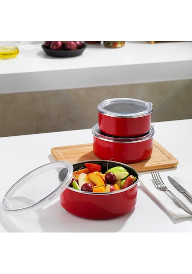 Mary 3'lü Emaye Saklama Kabı- Kırmızı 14cm-16cm-18cm