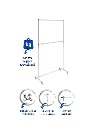 Ev Tipi Çift Katlı Kıyafet Askısı Tekerlekli Askılık Orta Stant Metal
