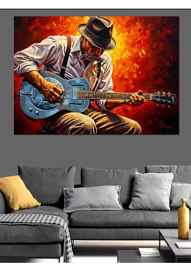 Mavi Gitar Çalan Adam Dekoratif Kanvas - Mdf Ahşap Tablo