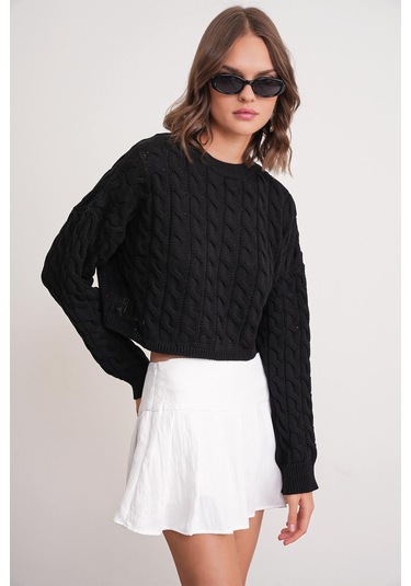 6863 Kadın Saç Örgülü Crop Triko Kazak Siyah Siyah