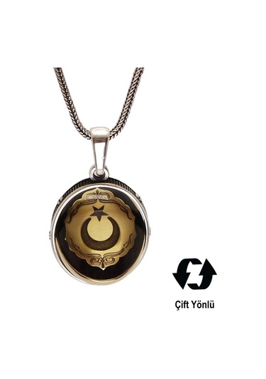 Çift Taraflı Ayyıldız Ve Tuğra Figürlü Gümüş Kehribar Kolye Gümüş