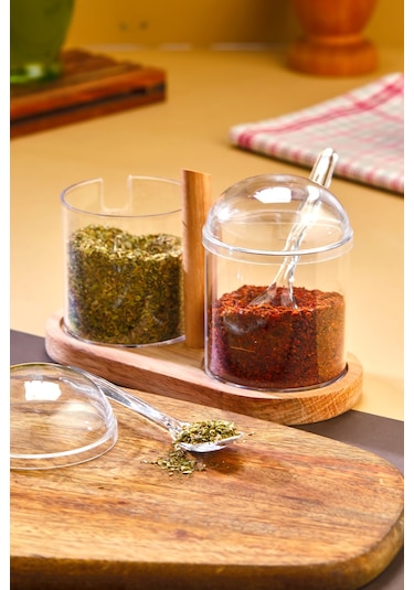 Kaşıklı Şeffaf Kapaklı Ahşap Standlı 2'li Kavanoz Baharat Seti ŞEffaf