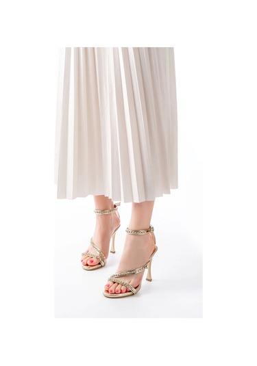 Gold Taşlı Vivet Platformlu Topuklu Kadın Ayakkabı Gold Altın