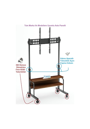 Frenli Tekerlekli Yükseklik Ayarlı Tv Duvar Paneli Tv Standı Konsol Hareketli Televizyon Ünitesi Siyah - Ceviz
