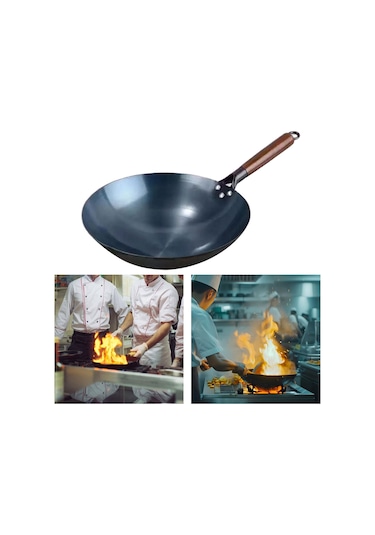 Dökme Demir Wok, Kızartma Tavası, Yuvarlak Tabanlı Kaplamasız, Yapışmaz 38cm