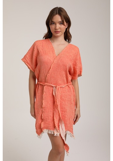 Life For Moda Kadın Kuşaklı Müslin Pareo Kimono P 80 Turuncu