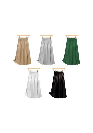 Kadın Pileli Etek Elastik Yüksek Bel A Kesim Uzun Etek Düz Renk Rahat Kumaş Çok Yönlü Etek Günlük Giyim Beyaz