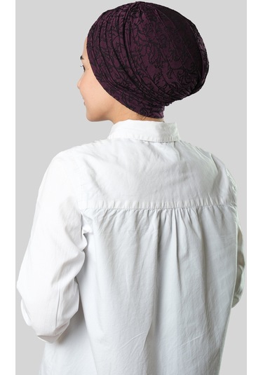 Mürdüm Pratik Hazır Geçmeli Tesettür Bone Jakar Kendinden Desenli 1209 07 Mürdüm