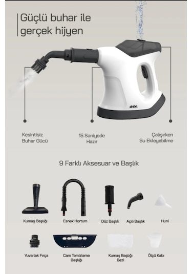 Sinbo SSC-6424 9 In 1 Çok Fonksiyonlu El Tipi Basınçlı Buharlı Temizlik Makinesi
