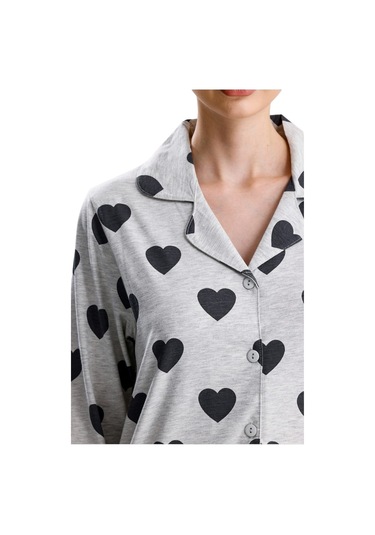 Kalp Desen Pamuk Kadın Pijama Takım Gri