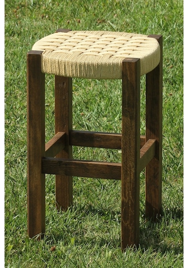 Ceviz Rengi Ahşap Hasır Örgülü Büyük Boy Tabure 2 Adet