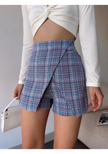 Kapaklı Tüvit Şort Etek Mavi Mavi