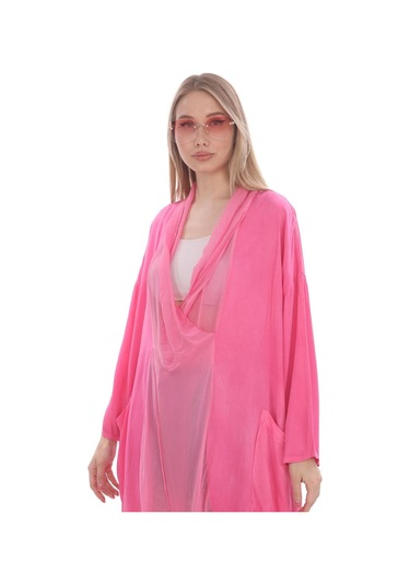 Italyan Ipek Detaylı Oversize Kaftan & Bluz-8711 Pembe