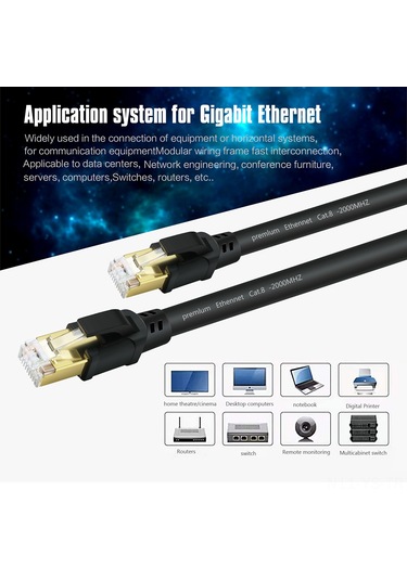 Yunboo Yüksek Hızda Cat8 Ethernet Kablosu - 40gbps, 2000mhz, 10 Metre, Siyah Uçlu