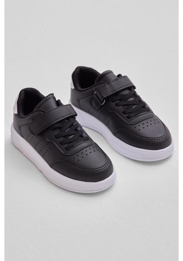 Faylon Hafif Taban Bağcıklı Çocuk Unisex Siyah Beyaz Günlük Spor Ayakkabı Tbprf010 Siyah Beyaz