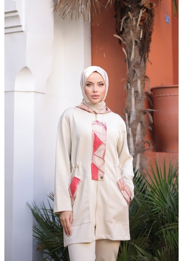 Tesettür Eşofman Takımı Fermuarlı Ikili Takım Kapüşonlu Krem 475 Krem