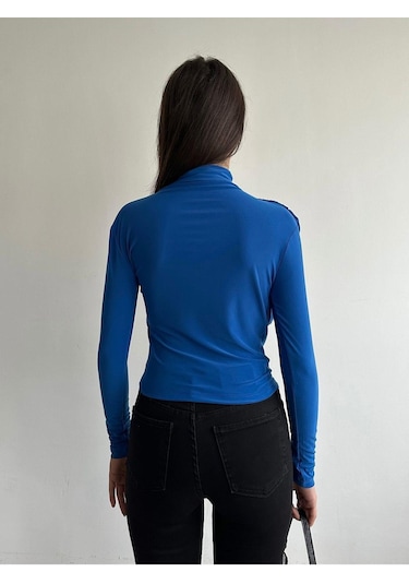 Kadın Büzgü Detaylı Dik Yaka Sandy Bluz Saks