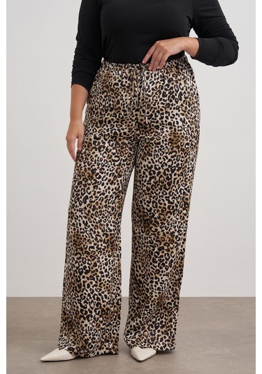 Beli Lastikli Leopar Desenli Pantolon-2556 Kahverengi