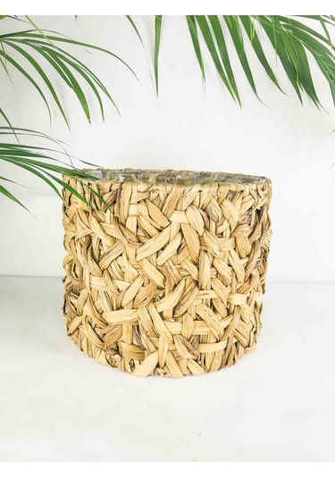 Bitki Tasarımı Yuvarlak Doğal Hasır Sepet Ferforje İskelet Sistemli Poşetli Orta