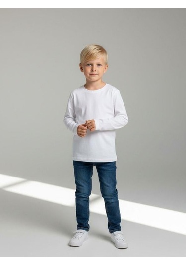 Zekids Erkek Çocuk Pamuklu Bisiklet Yaka Uzun Kollu Basic T-shirt-16775 Ekru