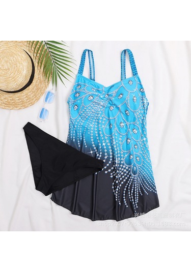 Geeroyoo 2021 Yazlık Büyük Beden Bikini Seti, Mavi Çizgili Malinli Desenli Etekli Mayo, Kaynak Üretici Diğer