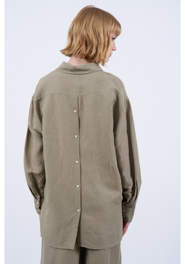 Kadın Keten Gömlek Pantolon Takım Yağ Yeşili