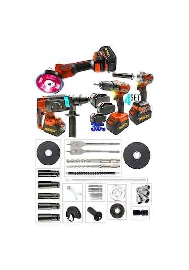 Deko DG420 3.0AHx3 Akülü 4'lü Set Taşlama + Hilti + Matkap + Somun Sıkma Makinesi