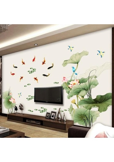 2 Adet/takım Duvar Sticker Çin Tarzı Su Geçirmez Kendinden Yapışkanlı Lotus Sazan Uçan Kuşlar Arka Plan Etiket Yatak Odası Dekoru Diğer