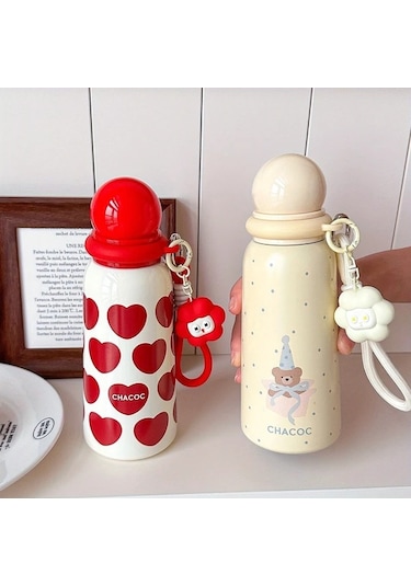 Brightnova Şık Yalıtımlı Su Matarası Kırmızı Panda Desenli, Sızdırmaz Termos Bardak 07 Beyaz