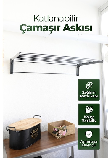 Duvara Monte Katlanabilir Çamaşır Askısı - 85x40 Cm - Gri