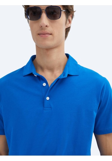 Kip Saks Düz Polo Yaka %100 Pamuk T-shirt Saks