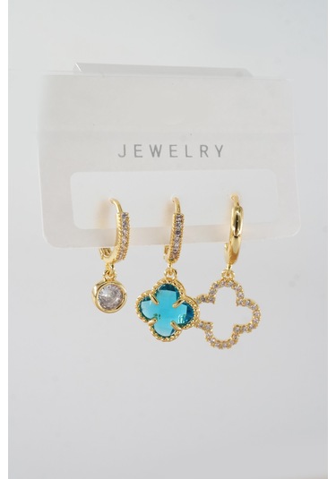 By Zeyna Aksesuar Kadın Vip Seri Baget Zirkon Taşlı Karışık Figürlü 3'lü Küpe Zrk00536 - Altın