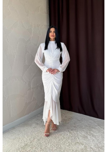 Beyaz Önü Büzgülü Şifon Elbise Beyaz