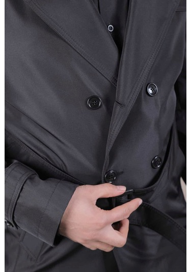 Ohepmoda Slim Fit Kemerli Erkek Trençkot Siyah