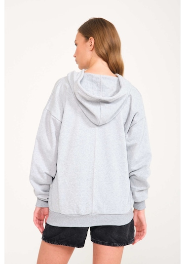 Harmandar Baskısız Unisex Gri Cepli Kapüşonlu Fermuarlı Sweatshirt Hırka Gri