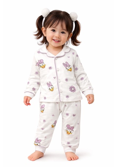 Ördek Desenli Pijama Takımı Beyaz- Mor