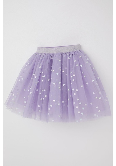 Breeze Kız Çocuk Tütü Etek Simli Kalp Desenli Beli Lastikli 5-10 Yaş, Lila Lila