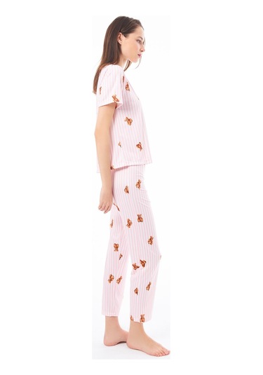 Premium Kadın Pijama Takımı Krem Ayıcık Desenli Yumuşak Dokulu Kısa Kollu Bisiklet Yaka Pembe