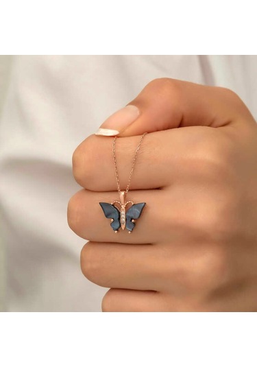 Gümüş Antrasit Kaplangözü Taşlı Kelebek Kolye (523461840)