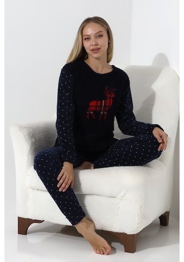 Fawn 5016 Peluş Welsoft Polar Kışlık Yumoş Geyikli Kadın Pijama Takımı-lacivert Lacivert