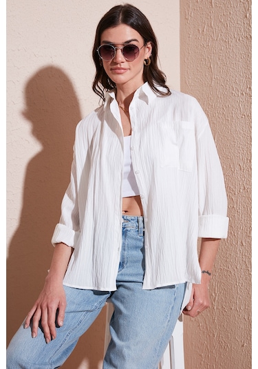Lela Regular Fit Tek Cepli Önü Kısa Arkası Uzun Krinkıl Bayan Gömlek 6772752 Beyaz
