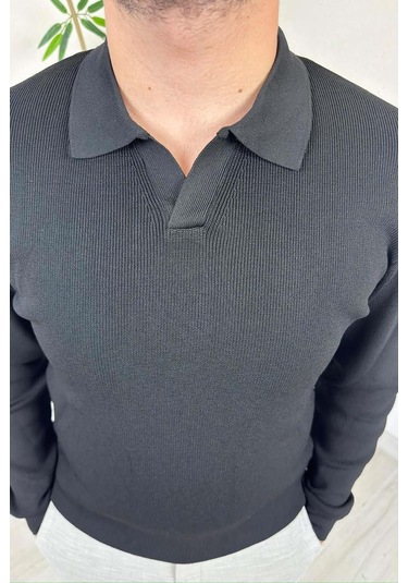 Explode - Erkek Siyah Polo Yaka Regular Triko Kazak Siyah