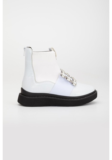 Rugan Streç Taşlı Kalın Taban Beyaz Kadın Bot-2618-beyaz Beyaz